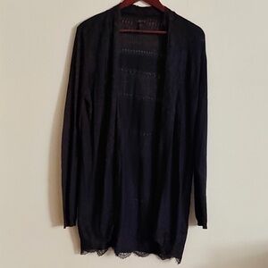 Soma Intimates | Black Lace Trim Longline Open-Front Cardigan | Medium